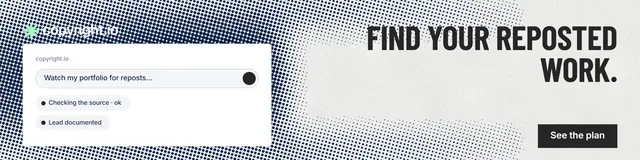 LinkedIn banner for copyright.io: "Find your reposted work." Retro print style, right layout, light palette in white, grey.