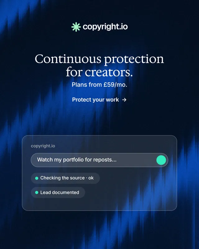 Instagram portrait post for copyright.io: "Continuous protection for creators." Minimal luxury style, centred layout, dark palette in blue, black.