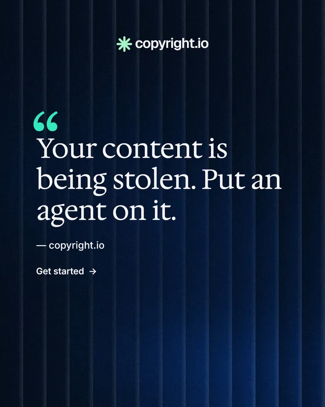 Instagram portrait post for copyright.io: "Reposts don't remove themselves." Minimal luxury style, quote layout, dark palette in black, blue.