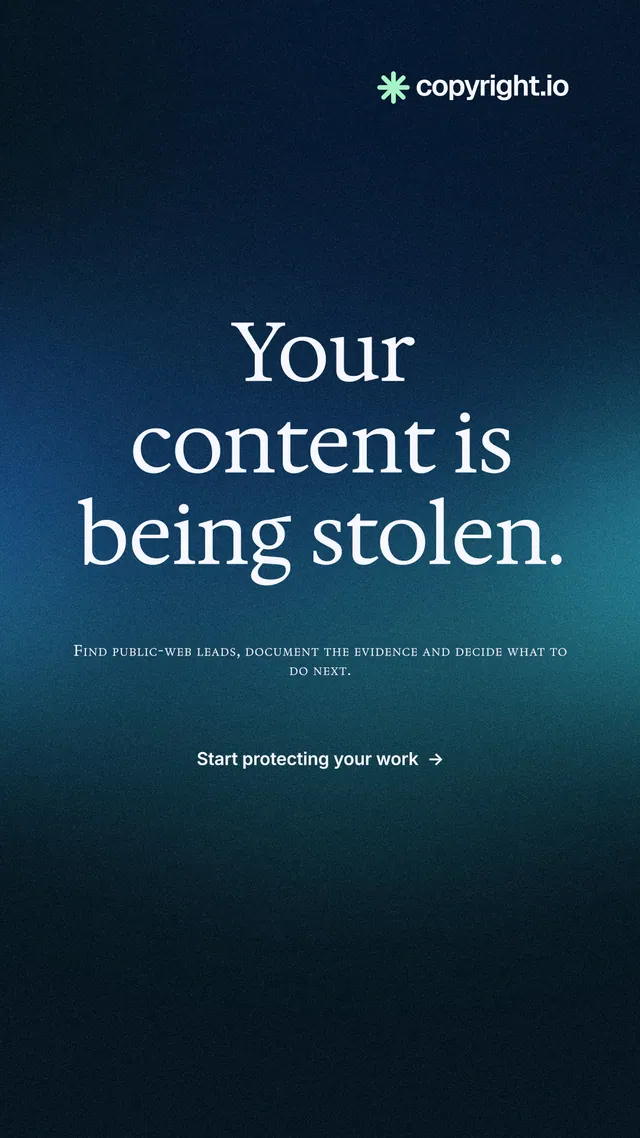 Instagram story for copyright.io: "Your content is being stolen." Minimal luxury style, smallcaps layout, dark palette in blue, black.