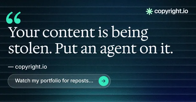 Social ad for copyright.io: "Reposts don't remove themselves." Agentic glass style, quote layout, dark palette in black, blue, grey.
