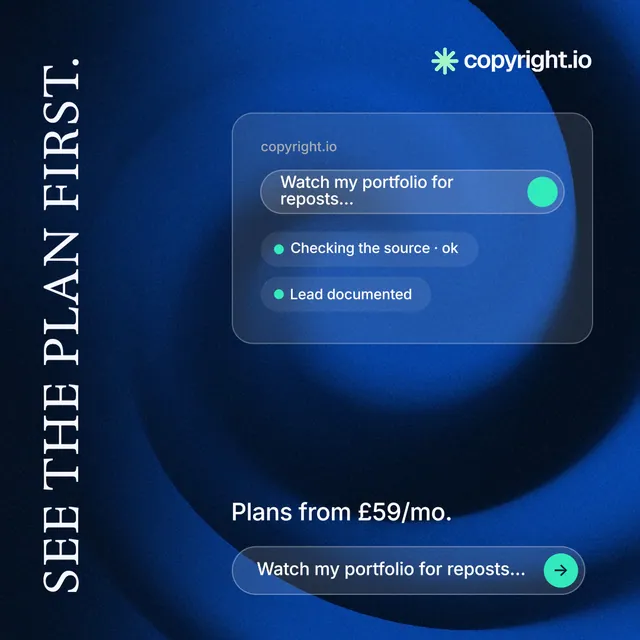 Instagram post for copyright.io: "See the plan first." Agentic glass style, vertical layout, dark palette in black, blue.