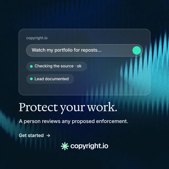 Instagram post for copyright.io: "Protect your work." Minimal luxury style, bottom layout, dark palette in black, blue.