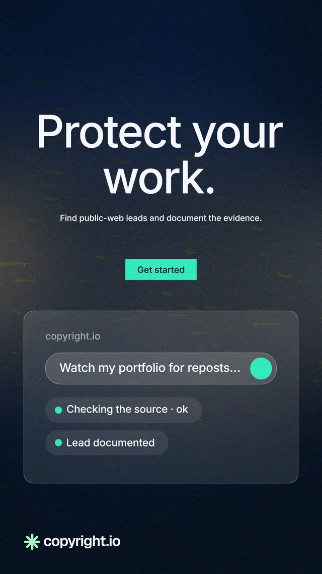 Instagram story for copyright.io: "Protect your work." Swiss style, centred layout, dark palette in black, grey, blue.