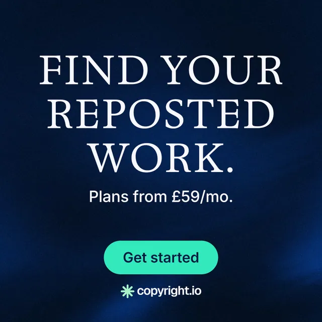 Instagram post for copyright.io: "Find your reposted work." Agentic glass style, skeleton layout, dark palette in blue, black.