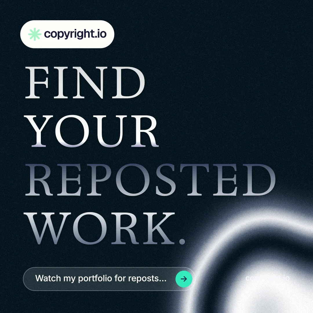 Instagram post for copyright.io: "Find your reposted work." Agentic glass style, poster layout, dark palette in black, blue, grey.