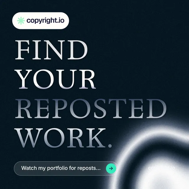 Instagram post for copyright.io: "Find your reposted work." Agentic glass style, poster layout, dark palette in black, blue, grey.