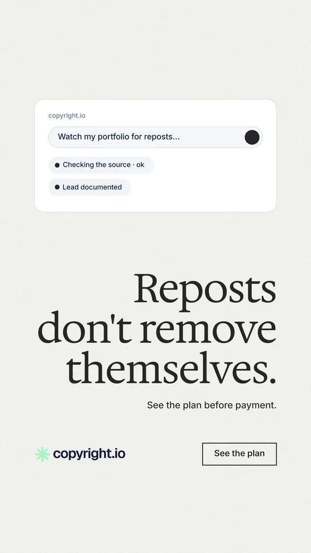 Instagram story for copyright.io: "Reposts don't remove themselves." Editorial style, right layout, light palette in white.