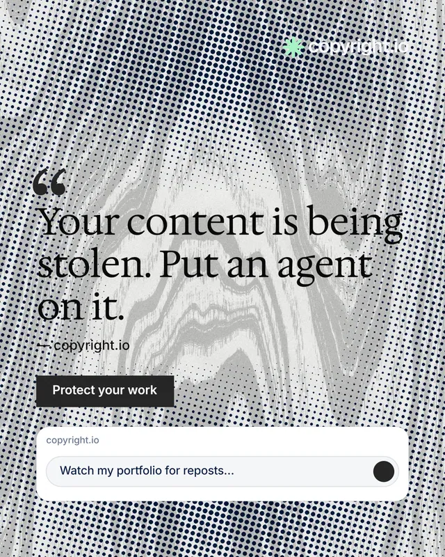 Instagram portrait post for copyright.io: "Find your reposted work." Retro print style, quote layout, light palette in grey, white.