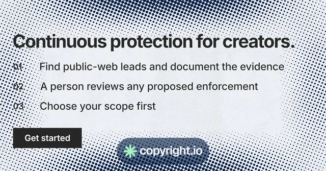 Social ad for copyright.io: "Continuous protection for creators." Swiss style, numbered layout, light palette in grey, white.