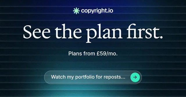 Social ad for copyright.io: "See the plan first." Agentic glass style, centred layout, dark palette in black, blue.