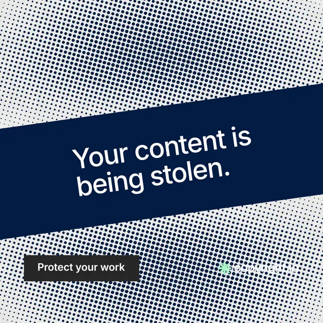 Instagram post for copyright.io: "Your content is being stolen." Swiss style, diagonal layout, light palette in grey, blue.