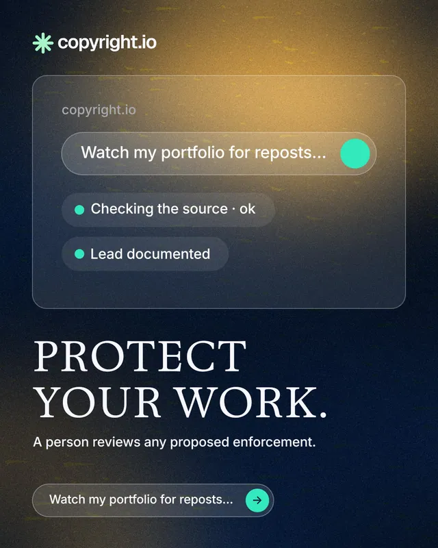 Instagram portrait post for copyright.io: "Protect your work." Agentic glass style, bottom layout, dark palette in black, blue, grey.