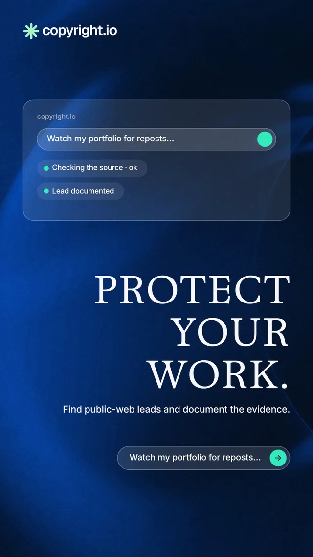 Instagram story for copyright.io: "Protect your work." Agentic glass style, right layout, dark palette in black, blue.