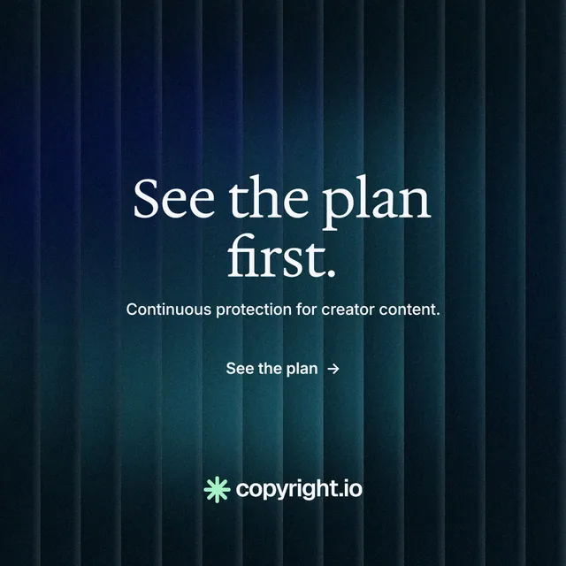 Instagram post for copyright.io: "See the plan first." Minimal luxury style, centred layout, dark palette in black, blue.