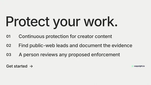 Landscape graphic for copyright.io: "Protect your work." Minimal luxury style, numbered layout, light palette in white, grey.