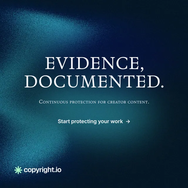 Instagram post for copyright.io: "Evidence, documented." Agentic glass style, smallcaps layout, dark palette in blue, black.