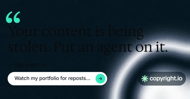 Social ad for copyright.io: "Protect your work." Agentic glass style, quote layout, dark palette in black, white, grey.