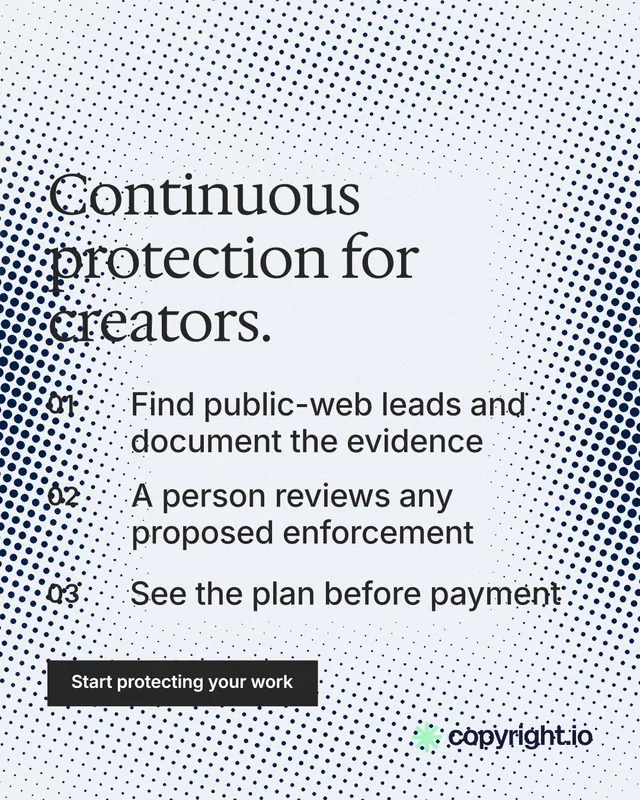 Instagram portrait post for copyright.io: "Continuous protection for creators." Split block style, numbered layout, light palette in blue, white, grey.