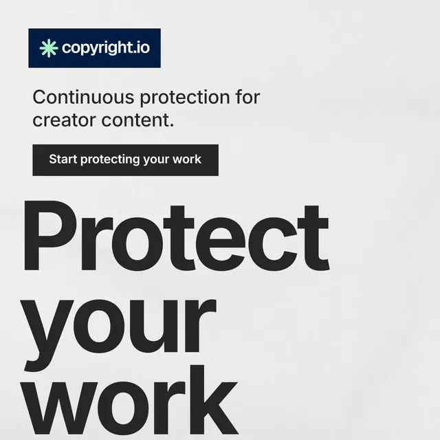 Instagram post for copyright.io: "Find your reposted work." Swiss style, oversized layout, light palette in white, grey.