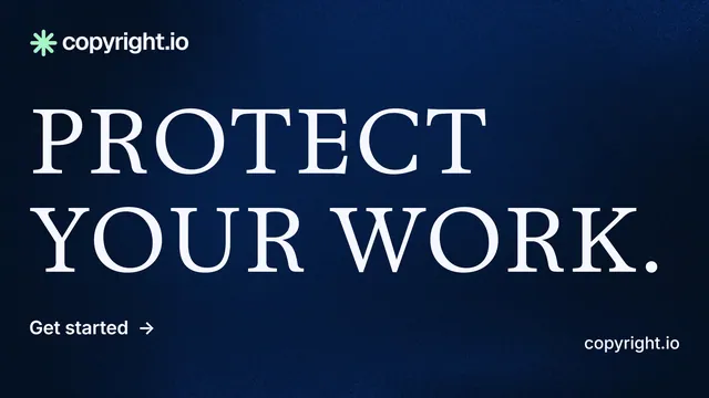 Landscape graphic for copyright.io: "Protect your work." Minimal luxury style, poster layout, dark palette in blue, black, grey.