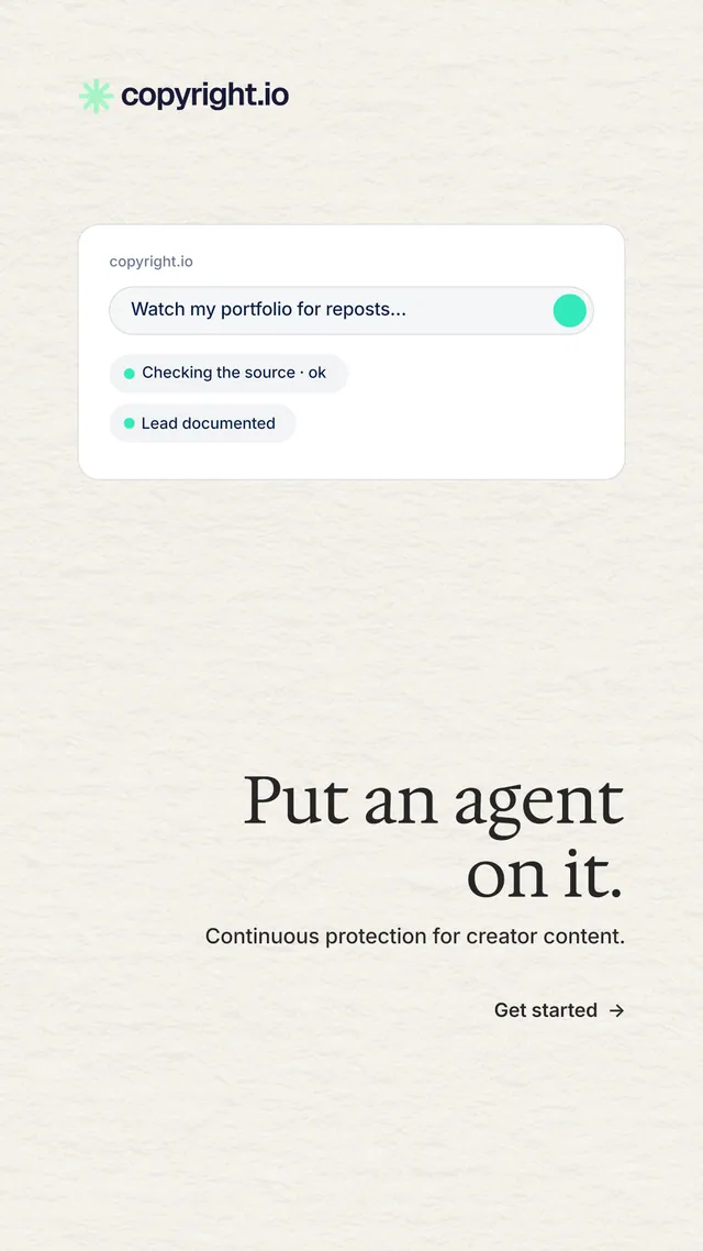 Instagram story for copyright.io: "Put an agent on it." Minimal luxury style, right layout, light palette in white.