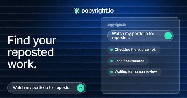 Social ad for copyright.io: "Find your reposted work." Agentic glass style, bottom layout, dark palette in black, blue.
