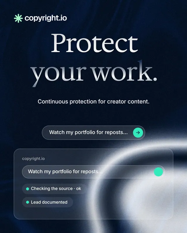 Instagram portrait post for copyright.io: "Protect your work." Agentic glass style, centred layout, dark palette in blue, black, grey.