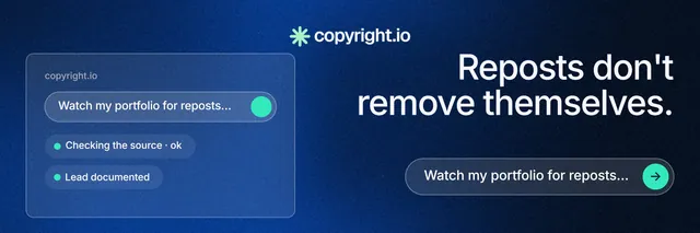 X header for copyright.io: "Reposts don't remove themselves." Agentic glass style, right layout, dark palette in blue, black.