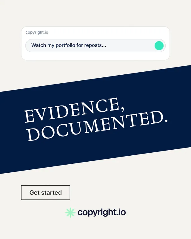 Instagram portrait post for copyright.io: "Evidence, documented." Editorial style, diagonal layout, light palette in white, blue.