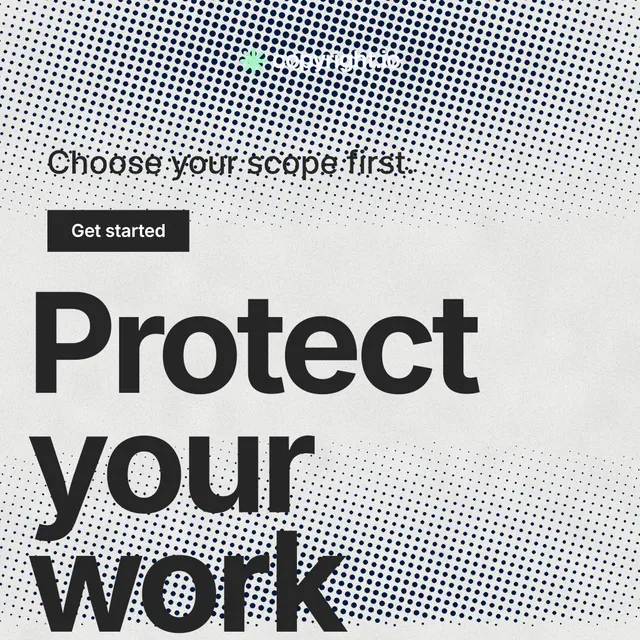 Instagram post for copyright.io: "Continuous protection for creators." Swiss style, oversized layout, light palette in grey, white.