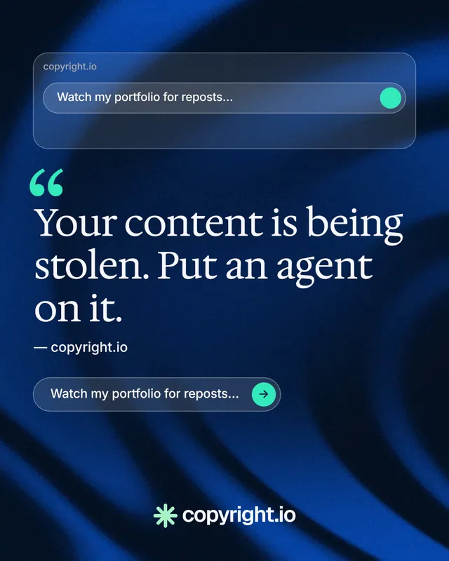 Instagram portrait post for copyright.io: "Find your reposted work." Agentic glass style, quote layout, dark palette in blue, black.