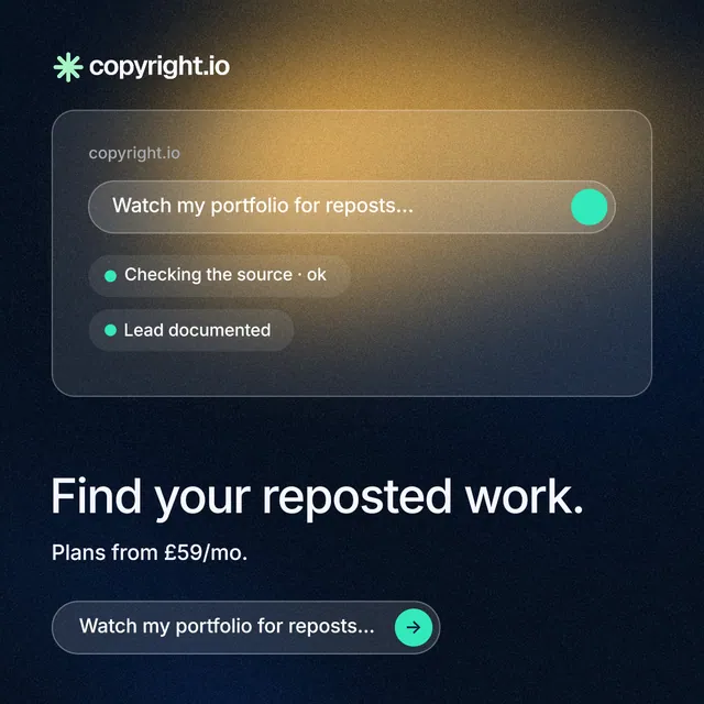 Instagram post for copyright.io: "Find your reposted work." Agentic glass style, bottom layout, dark palette in grey, orange, black.