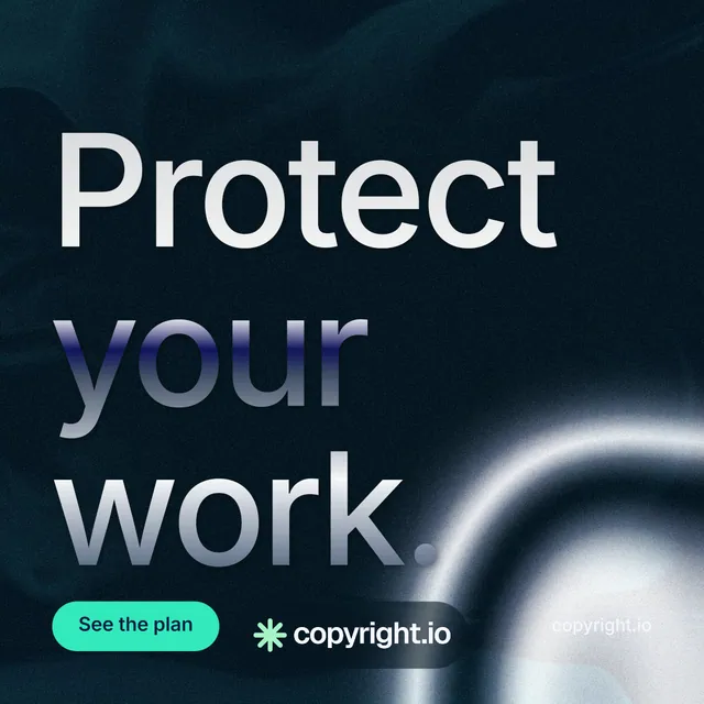 Instagram post for copyright.io: "Protect your work." Y2K style, poster layout, dark palette in black, blue, grey.