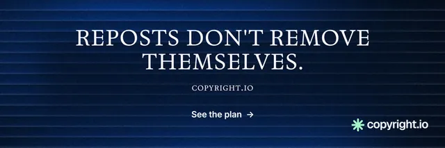 X header for copyright.io: "Reposts don't remove themselves." Agentic glass style, smallcaps layout, dark palette in blue, black.