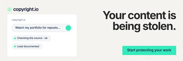 X header for copyright.io: "Your content is being stolen." Swiss style, right layout, light palette in white, teal.