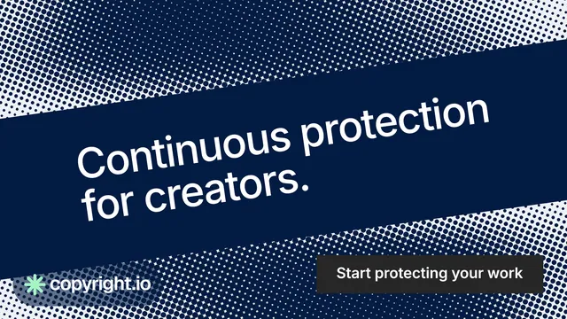 Landscape graphic for copyright.io: "Continuous protection for creators." Split block style, diagonal layout, dark palette in blue, grey.