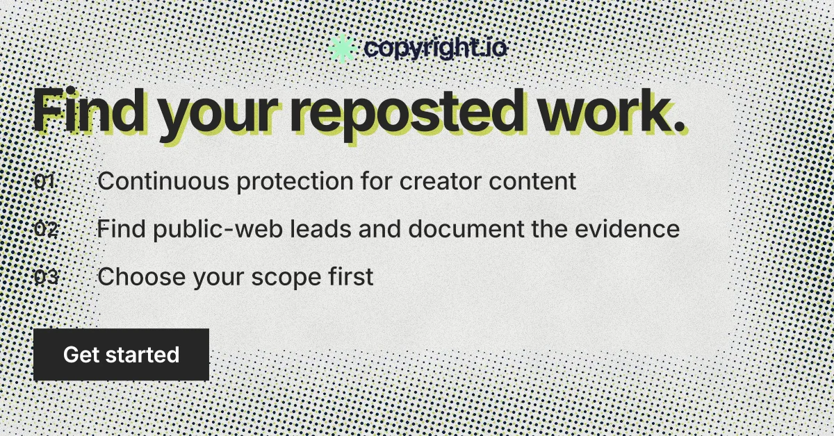 Social ad for copyright.io: "Find your reposted work." Swiss style, numbered layout, light palette in grey, white.