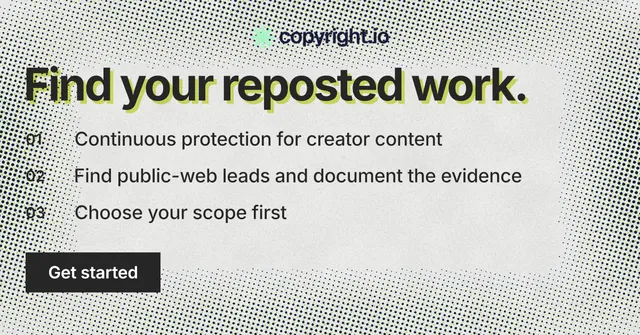 Social ad for copyright.io: "Find your reposted work." Swiss style, numbered layout, light palette in grey, white.