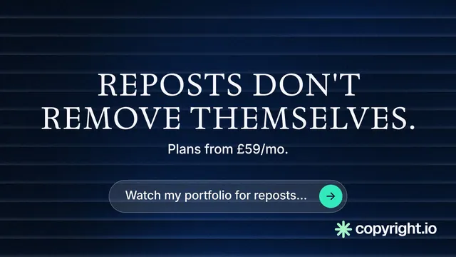 Landscape graphic for copyright.io: "Reposts don't remove themselves." Agentic glass style, centred layout, dark palette in black, blue, grey.