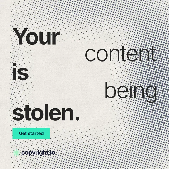 Instagram post for copyright.io: "Your content is being stolen." Swiss style, stacked layout, light palette in white, yellow, grey.