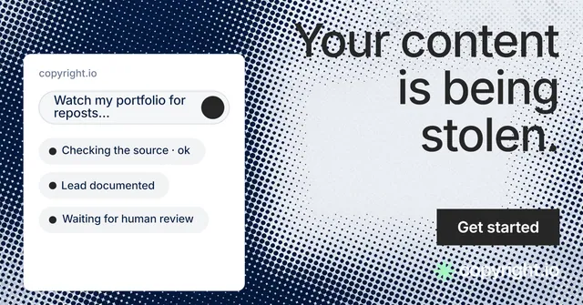 Social ad for copyright.io: "Your content is being stolen." Retro print style, right layout, light palette in blue, grey, white.