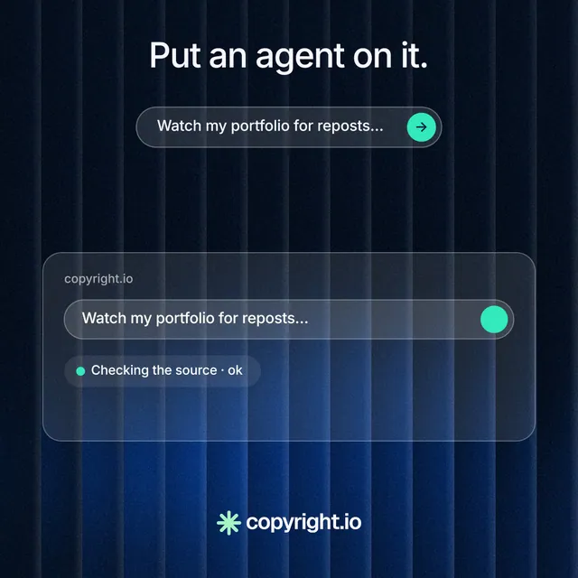 Instagram post for copyright.io: "Put an agent on it." Agentic glass style, skeleton layout, dark palette in blue, black.