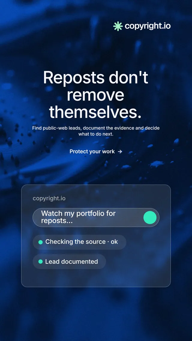 Instagram story for copyright.io: "Reposts don't remove themselves." Minimal luxury style, centred layout, dark palette in black, blue.
