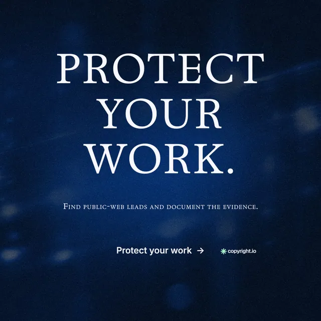 Instagram post for copyright.io: "Protect your work." Agentic glass style, smallcaps layout, dark palette in black, blue.