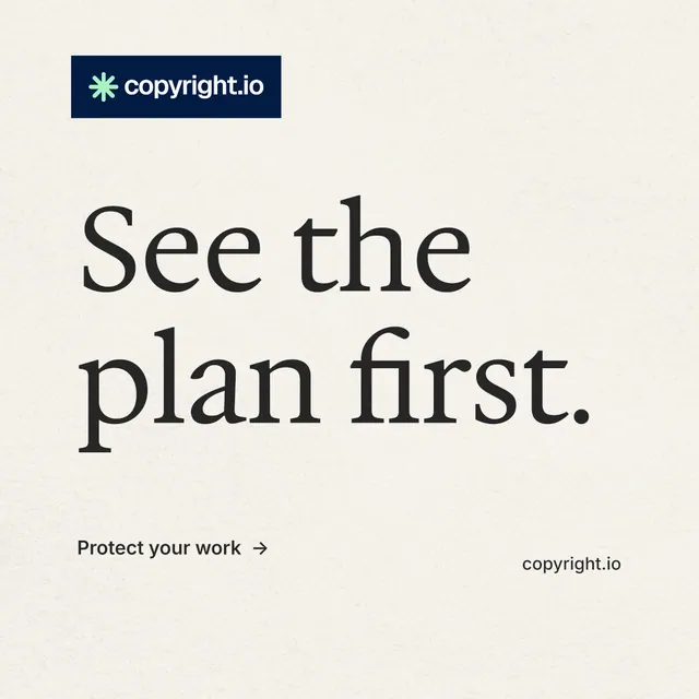 Instagram post for copyright.io: "See the plan first." Minimal luxury style, poster layout, light palette in white, grey.