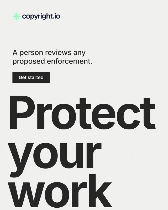Instagram portrait post for copyright.io: "Protect your work." Swiss style, oversized layout, light palette in white, grey.