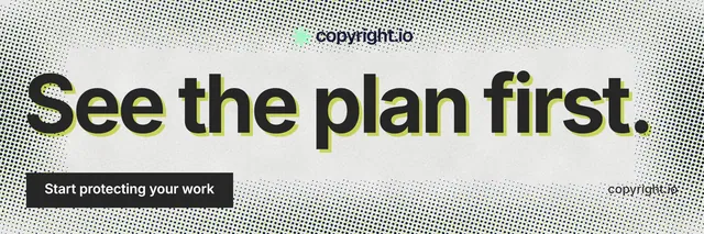 X header for copyright.io: "See the plan first." Swiss style, poster layout, light palette in grey, white.