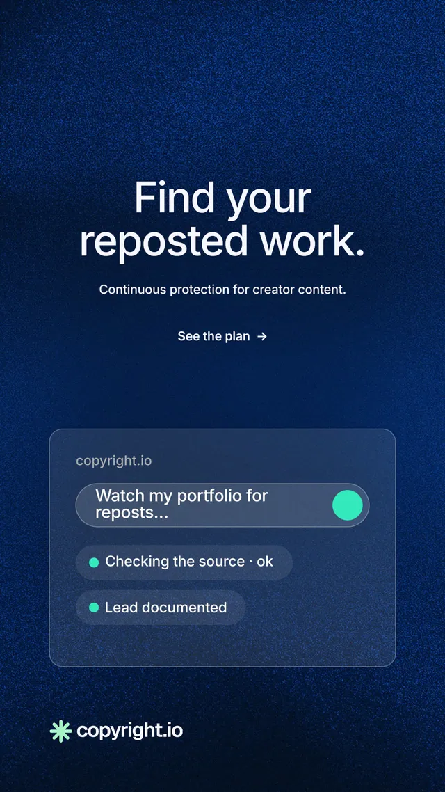 Instagram story for copyright.io: "Find your reposted work." Minimal luxury style, centred layout, dark palette in blue, black.