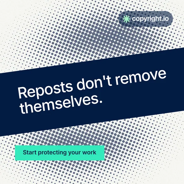 Instagram post for copyright.io: "Reposts don't remove themselves." Retro print style, diagonal layout, light palette in blue, grey, teal.